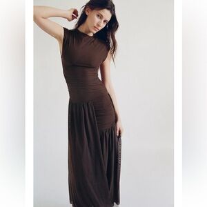 Zara Brown Sleeveless Ruched Midi Dress